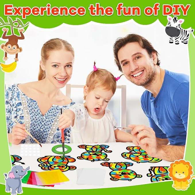 32 Sets Woodland Animal Suncatchers Craft Kit DIY Window Stained Glass Effect Forest Jungle Animals Paper Craft Home School Classroom Decoration Kid Birthday Gift Creative Art Project Activity Game