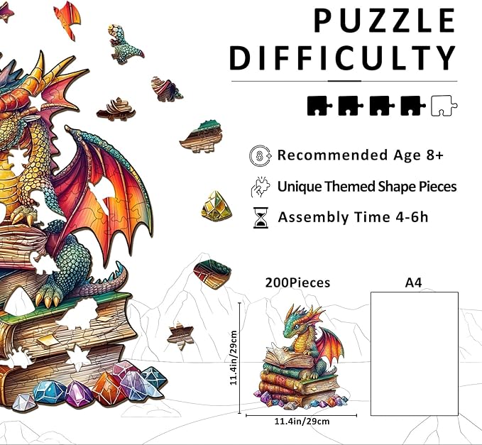 Wooden Puzzles for Adults - Reading Dragon Wood Puzzles Adult - Unique Animal Shape Wooden Jigsaw Puzzles for Adults - Birthday Gifts for Puzzle Lovers, Family (11.4 * 11.4in - 200 Pieces)
