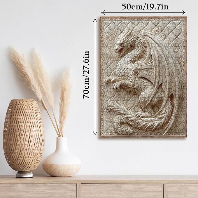 3 D Dragon Puzzles for Adults 1000 Pieces, Beautiful Difficult Animal Quilt Jigsaw Puzzle, Art Challenging Embroidery White Puzzle