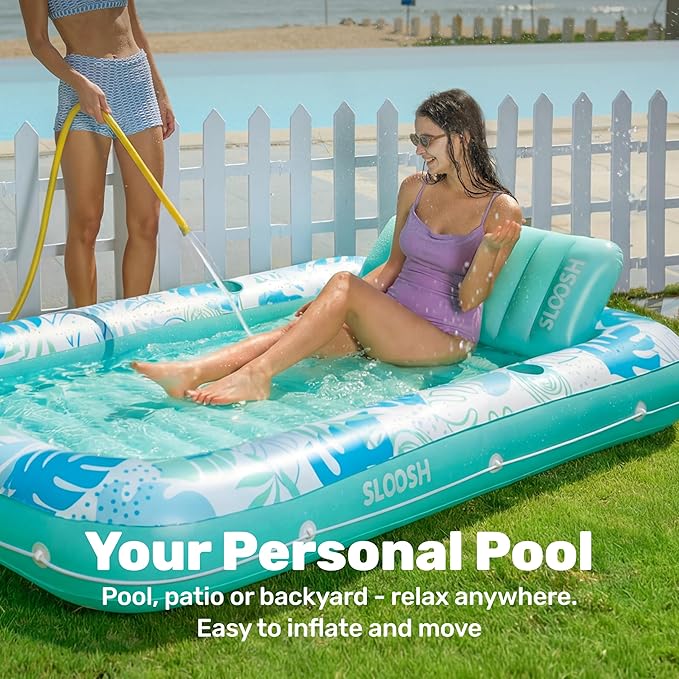 SLOOSH Inflatable Tanning Pool Lounger Float,85" x 57" Extra Large Pool Floats Adult with Pillow,4 in 1 Suntan Tub Raft Floatie,Sunbathing Bed Lounge Blow Up Ball Pit Party Gifts,XL-Cyan White