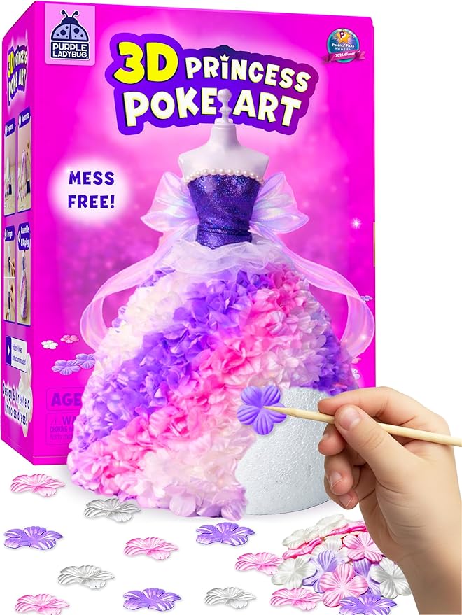 PURPLE LADYBUG 3D Princess Dress Poke Art Craft Kit for Kids Ages 6–12, Mess-Free DIY Flower Foam Activity Creative Gift Set, Birthday Holiday Craft Project