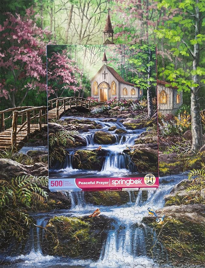 Springbok Peaceful Prayer 500 Piece Jigsaw Puzzle for Adults - Relaxing Church in The Woods - Unique Cut Pieces - Made in USA