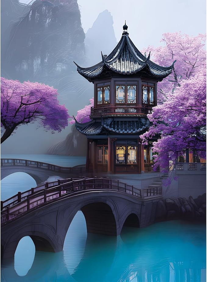 500 Piece Puzzles for Adults, Cherry Blossom Pavilion Dreamscape Puzzles, Vintage Flower Tree Scenery Jigsaw Puzzle, challenging Unique Lake Park Theme Puzzle as Home Decor Gift, 20.5 x 15 in