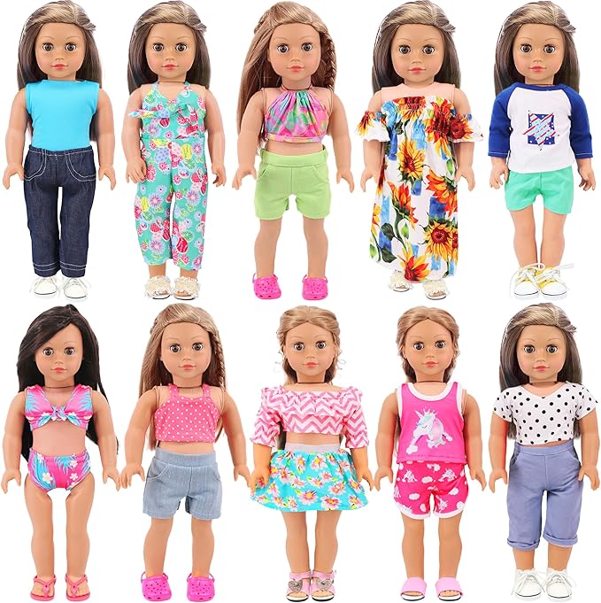 Ecore Fun 10 Sets Doll Clothes for 18 Inch Dolls – 18 pcs Outfits, Dresses, Swimwear, Jumpsuits & Tights | Costume Wardrobe Birthday for Girls