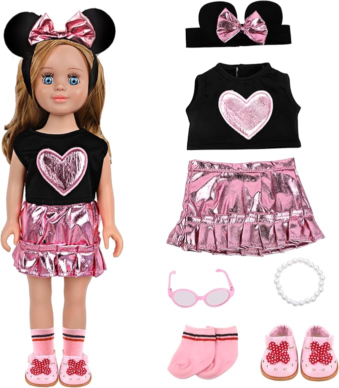 MSYO 18 Inch Doll Clothes & Accessories Set,Black Pink Heart Top & Metallic Pink Skirt Outfit with Mouse Ears Headband,Sunglasses,Socks,Shoes,Bracelet,Fits 16-18 Inch Baby Dolls(Pink)