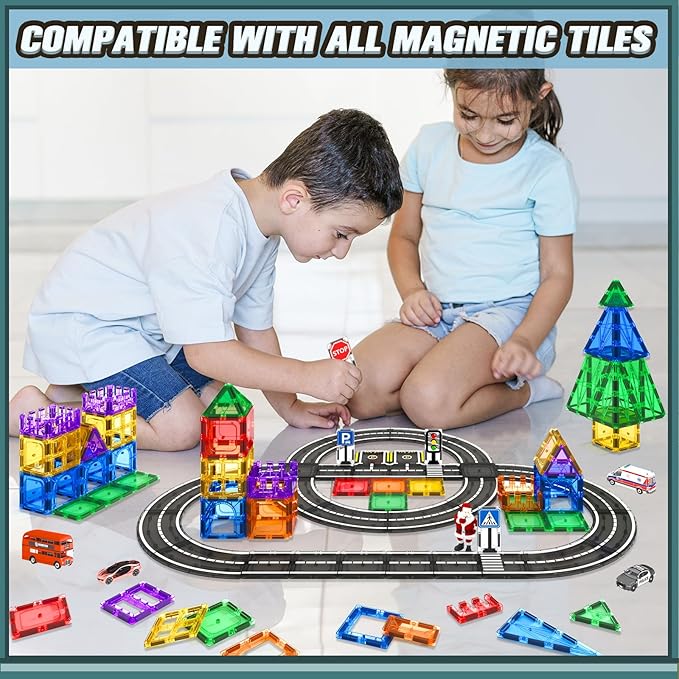 Magnetic Tiles Road Set, Roads Expansion Pack, Magnetic Blocks Building Toys for Toddler, Creative Montessori Toys for 3+ Year Old Boys & Girls, Ideal Gifts for Kids Ages 3-5 5-7