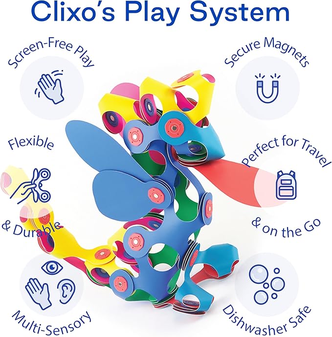 Clixo Super Rainbow, 60 Piece Pack - A Versatile, Travel Friendly Magnetic Building Toy, Flexible Design for Hours of Fun Creative STEM Play, Great Gift for Curious Kids. Ages 4-99