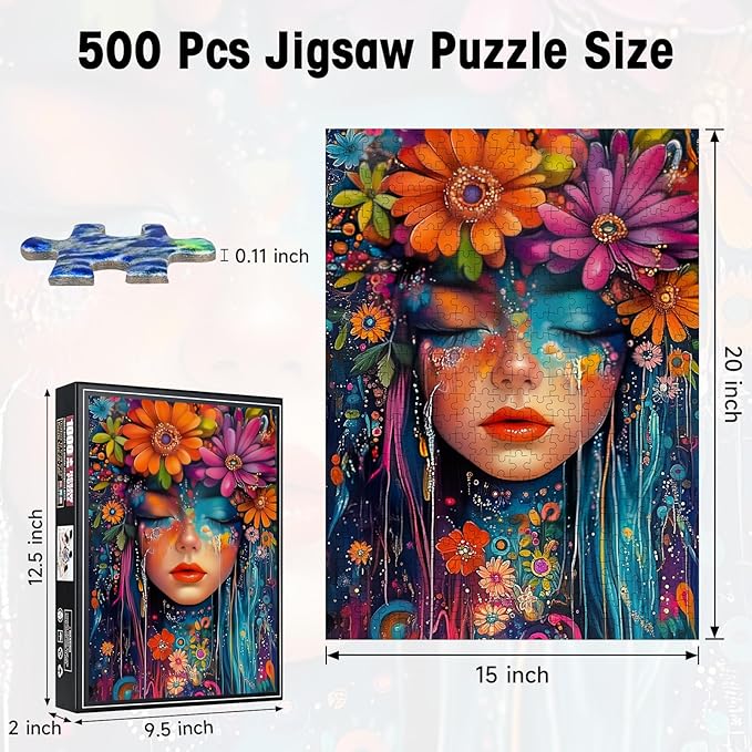 500 Piece Puzzles for Adults, Floral Art Woman Portrait Jigsaw Puzzle, Colorful Flower Decor Cardboard Puzzle with Letters on Back for Game Nights & Home Decor, 15×20 Inch