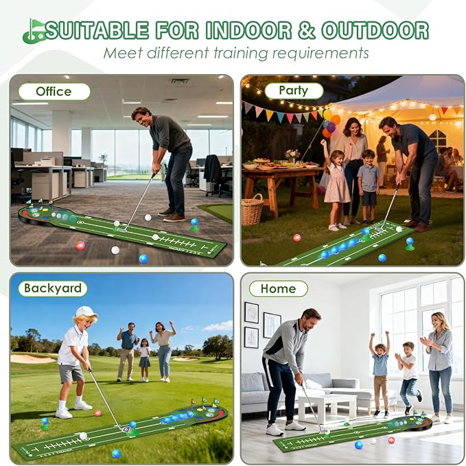 VATOS Upgraded Golf Putting Mat Indoor for kids - Golf Game Set with LED Balls, Glow Cups, Irons & Putters, Portable Putting Green Outdoor for Home Backyard Office Party, Golfing Gifts for Kids Adults