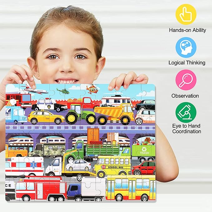 LELEMON 60 Pieces Puzzles for Kids Ages 4-8 Traffic Jam Puzzle for Boys Girls Transportation Vehicles Children Learning Educational Puzzles Portable Box Pack Toys