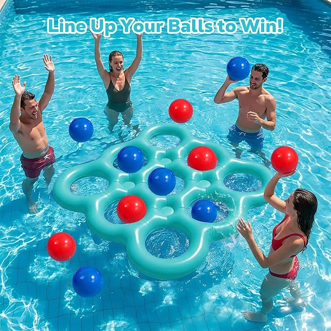 MoKo Pool Water Toys Tic-Tac-Toe Games Set, Inflatable Floats Toy with 10 Balls, Pool Games for Family Party Outdoor Beach Adults Teens Kids 2-10 Players