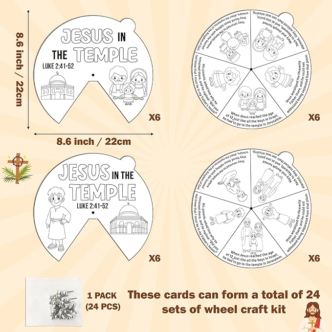 COcnny Easer Religious Coloring Craft- 24 Sets Color Your Own Christian Art Craft DIY Spining Cards for Kids, Jesus in the Temple Paper Craft Art for Sunday School Home Class Bible VBS Activities