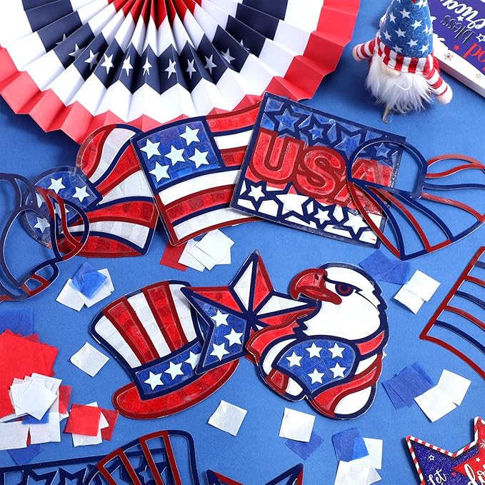 24 Set Veterans Day Patriotic Suncatchers Crafts DIY American Flag Crafts Window Tissue Paper Kit Independence Day Hanging Decor for Home Activities Window Art(Patriotic)