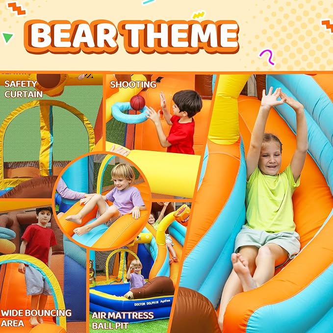 Inflatable Bounce House, Double Slide Bounce House for Big Kids, 6 in 1 Bear Jumping Castle with 450 Blower, Air Cushion, Ball Pit, Climbing Wall, Basketball Hoop