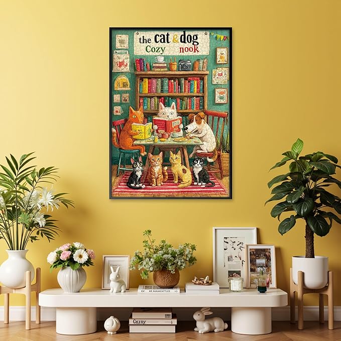 1000 Piece Puzzle for Adults, Challenging Cozy Nook Bookshelf Cat Jigsaw Puzzles, Premium Matte Finish, 27.56 x 19.68 Inches, Perfect for Game Nights