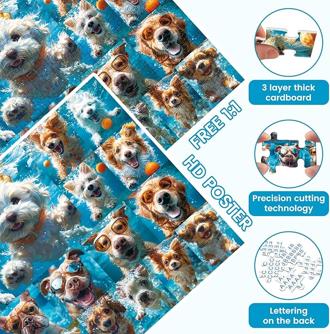 500 Piece Puzzle for Adults, Funny Puppy Animal Jigsaw Puzzles, Fun Cool Silly Puzzles with Underwater Dogs, 500 Pieces Birthday Party for Family Adult Funny Puzzle for Adults, 20.5×15 in