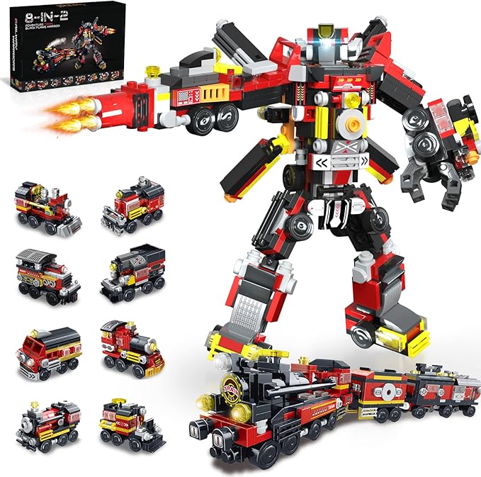 8-in-2 Transforming Building Blocks Set - 766 Pieces STEM Educational Toy, Robot & Train Models Compatible with Major Brands, Creative Gift for Kids Ages 6-14