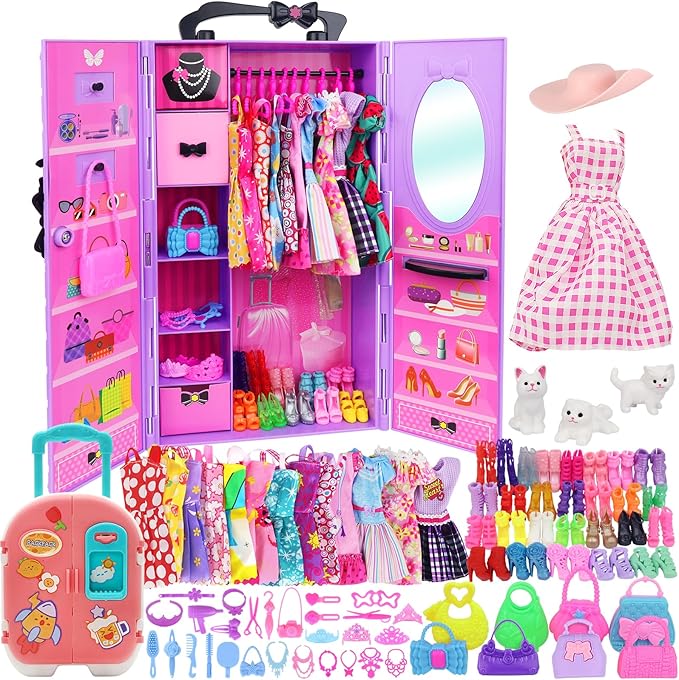K.T. Fancy 83 Pcs Dolls & Accessories with Purple Closet Wardrobe for 11.5 Inch Doll Dress Up Set Including Wardrobe Shoes, Wallet, Dress Hangers, Brush, Necklace, Pet and Other Accessories
