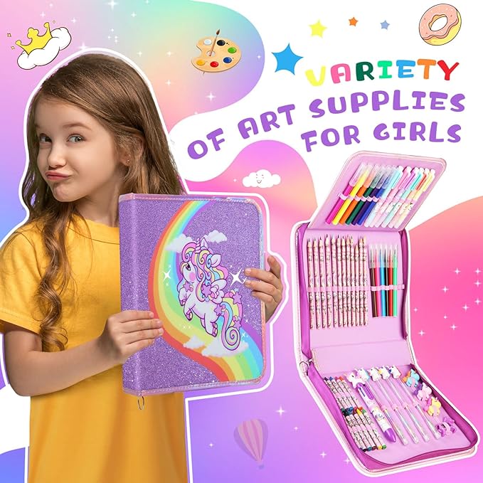 CozyJoyz Unicorn Washable Marker Set, 59 Pcs Arts and Crafts Coloring Set for Kids, Drawing Art Supplies Birthday Gifts for Girls Toys 4 5 6 7 8 9 Year Old (Purple)