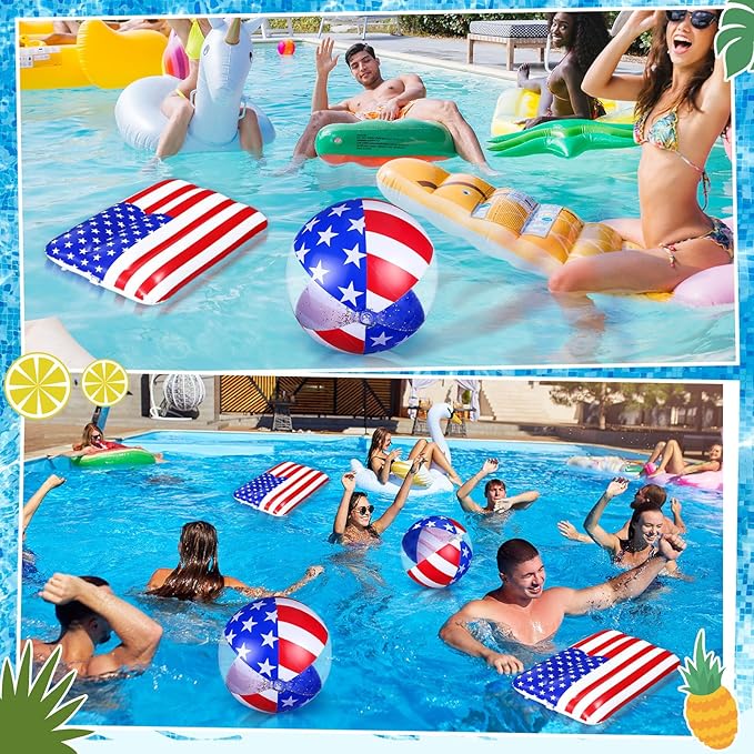 5 Pcs Inflatable 4th of July Pool Float USA 250th Anniversary American Flag Star Beach Balls Large 20'' Red White and Blue Inflatable Balls Independence Day Patriotic Decoration for Summer Pool