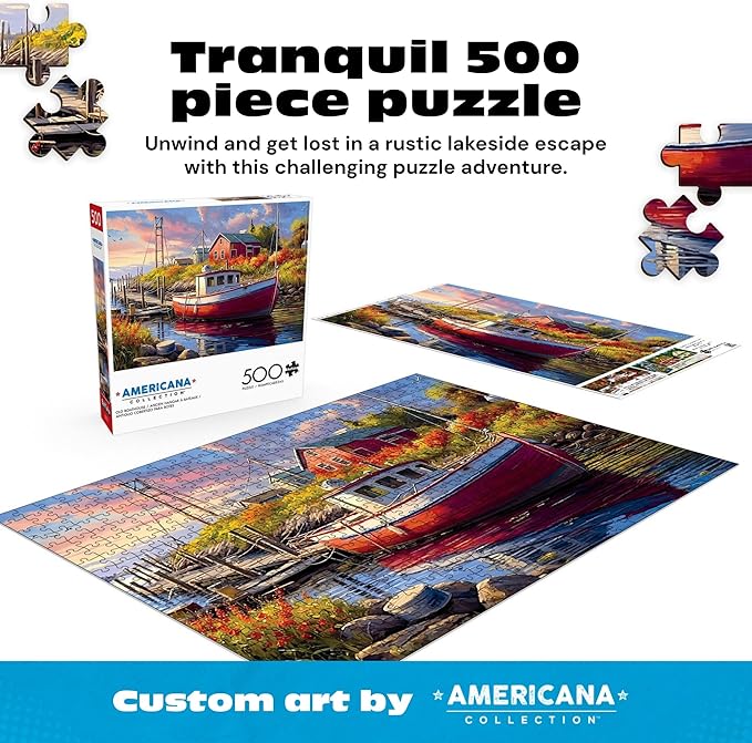 Buffalo Games - Old Boathouse 500 Piece Jigsaw Puzzle for Adults, Americana Boat Puzzle with Full-Color Poster, Premium Quality Made in the USA