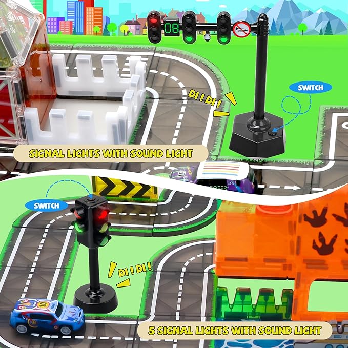 Magnetic Tiles Road Set with Pullback Car & Magnet Ship,Traffic Themed Magnetic Building Tiles Set with Traffic Light,STEM Magnet Tile for Kids Ages 3-5 4-8 5-7,Preschool Educational Kids Toys Gifts