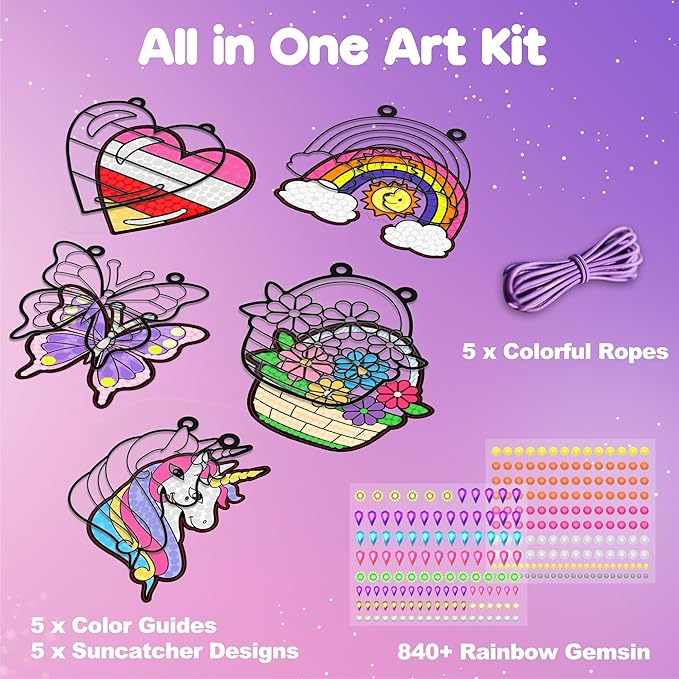 ZIZZ Diamond Painting Suncatcher Kits for Kids: 5PCS Easter Basket Stuffers for Kids, Birthday Gifts for Girls, Art & Crafts Supplies, Party Favors, Creative Toys for Girls Boys 4 5 6 7 8 9 Years Old