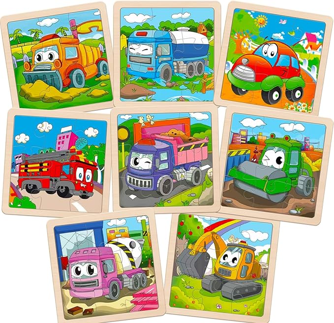 Wooden Puzzles for Toddlers, 8 Pack Vehicle Car Construction Jigsaw Puzzles for Kids Ages 3-5, 9 Pieces Puzzles for Kids Ages 4-6 Preschool Learning Activities, Educational Toys Gift for Boys