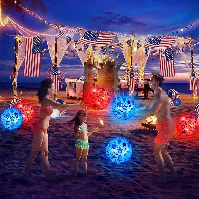 6 Pcs 4th of July Light up Beach Balls 12 Inch Patriotic Light up Beach Balls Bulk Giant Inflatable Red White and Blue Ball for Adults 250th Anniversary Beachy Summer Pool Outdoor Decor