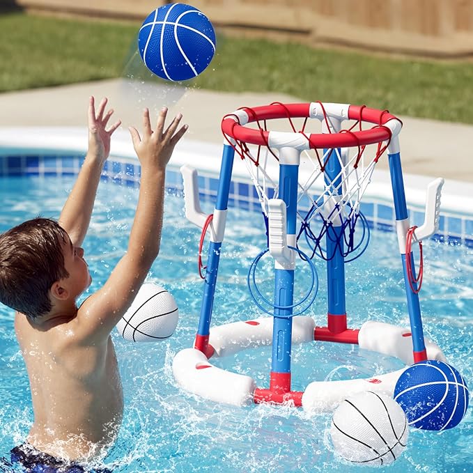 2 in 1 Pool Basketball Hoop with Backboard & Ring Toss Game, Floating Pool Toy - Anti-Tip Stable Base - with 4 Balls/8 Rings/Pump - Summer Water Indoor Outdoor Toy Gifts for Kids 4-8 & Adults, Red