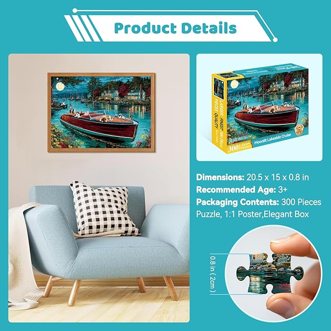 300 Piece Puzzles for Adults, 300 Piece Puzzles for Adults Large Piece, Nighttime Lake Boat Dogs Cats Jigsaw Puzzle Funny Gift for Adult Kids Challenging Family Games Toy, 20.5 X 15 in