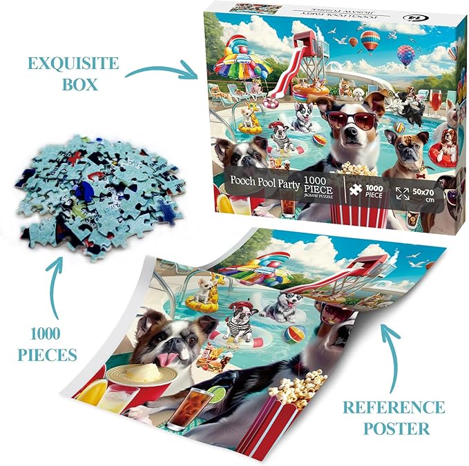 Dog Summer Puzzle for Adults 1000 Piece, Funny Puppy Animal Jigsaw Puzzles, Food Party Puzzles