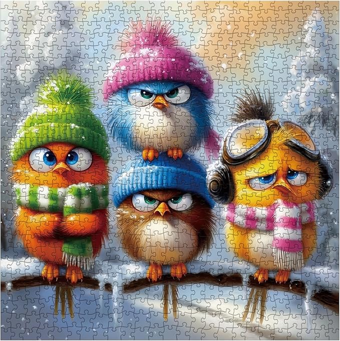 Funny Bird Winter Puzzles for Adults 1000 Pieces, Colorful Animal Snow Jigsaw Puzzle, Challenging Cute Art Puzzles