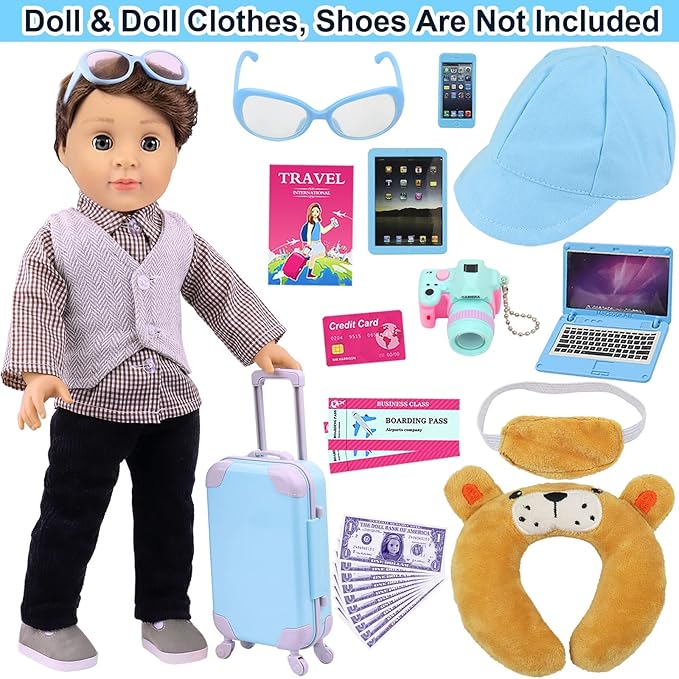 ZITA ELEMENT 22 Pcs 18 Inch Boy Doll Clothes Suitcase Set for 19 Inch Boy Doll Accessories Travel Carrier Storage, Including Suitcase Pillow Blindfold Sunglasses Camera Computer