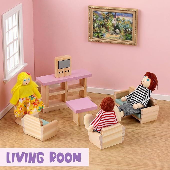 Sumind 35 Pcs Wooden Dollhouse Furniture Set with 8 Family Figures, 1:12 Scale Miniature Dolls House Accessories for Kitchen, Bedroom & Bathroom, Montessori Educational Toy Gift for Girls and Boys
