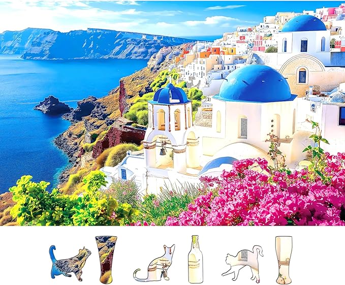 MINIWAN 500 Piece Puzzles for Adults - Santorini Greece Blue Dome Church Jigsaw Puzzle, 23x15 Inches with Unique Irregular Shaped Pieces for Relaxation & Home Wall Decor
