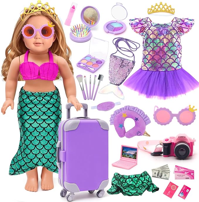 HAPGFS American 18 Inch Doll Makeup Accessories and Travel Set Mermaid, Including Purple Suitcase Luggage Dress Eye Shadow Lipstick Eyelash Brush Dolls Travel Gear Play Set Gift for Birthday (NO Doll)