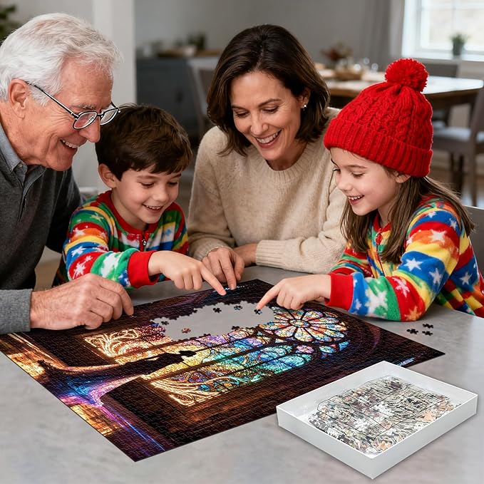 Cathedral Stained Glass Jigsaw Puzzle 1000 Pieces for Adults - Neon Light Effect Puzzle, Impossible Challenge Puzzle Decorative Wall Art for Living Room, Unique Gift 50x70cm (19.7x27.56in)