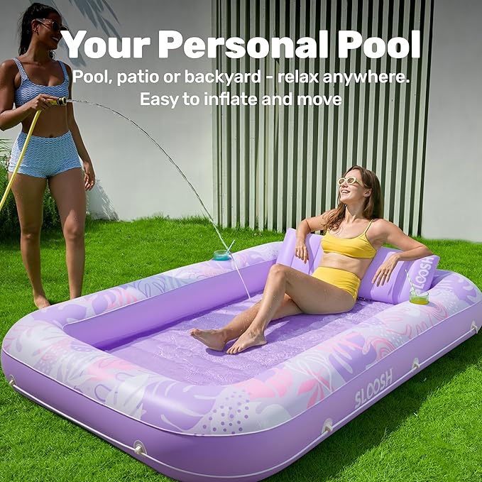 SLOOSH Inflatable Tanning Pool Lounger Float, 85" x 57" Pool Floats Adult with Pillow, 4 in 1 Suntan Tub Raft Floatie,Sunbathing Bed Lounge for Water Blow Up Ball Pit Party Gifts, L-Purple