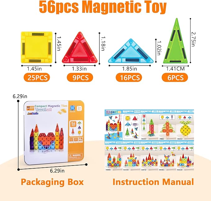 56PCS Mini Magnetic Tiles, Portable Magnetic Toy Travel Set for Kids, Includes Iron Storage Box, Puzzle Toy for Boys and Girls Ages 3+, Creative Building Toy Set, Holiday