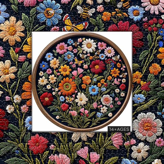 Vintage Wildflower Puzzles for Adults 1000 Pieces, Round Butterfly Bee Plant Puzzle Nature Art, Circle Pretty Flower Garden Jigsaw Puzzle, Retro Aesthetic Floral Puzzle