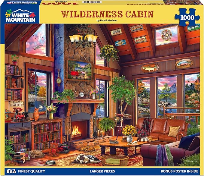 White Mountain 1000 Piece Jigsaw Puzzle Fall Scenic Lake Puzzles with Large Pieces Gift for Adults and Family 24"x30" - Wilderness Cabin