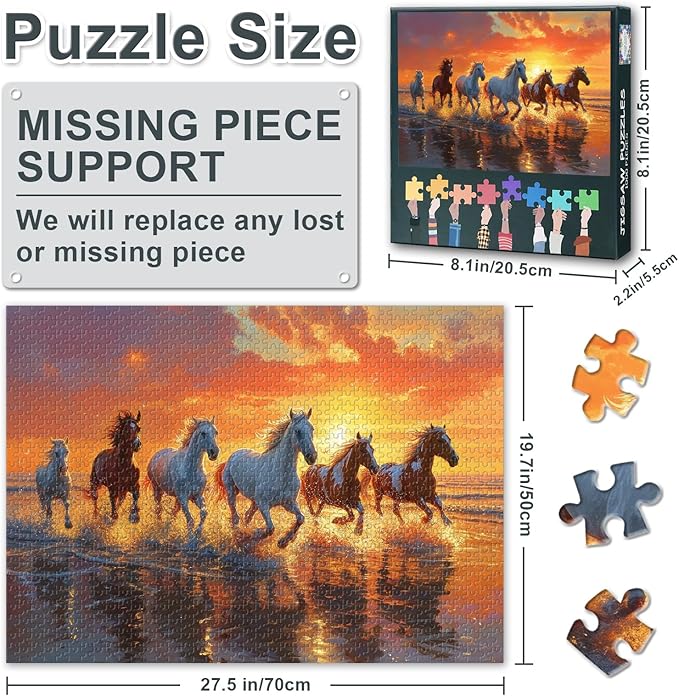 Horses Puzzles for Adults 1000 Pieces, Challenging Jigsaw Puzzles for Adults 1000 Pieces, Sunset Beach Adult Puzzles with Letters on Back, Artwork Puzzle for Home Decor Gift (27.5"x19.7")