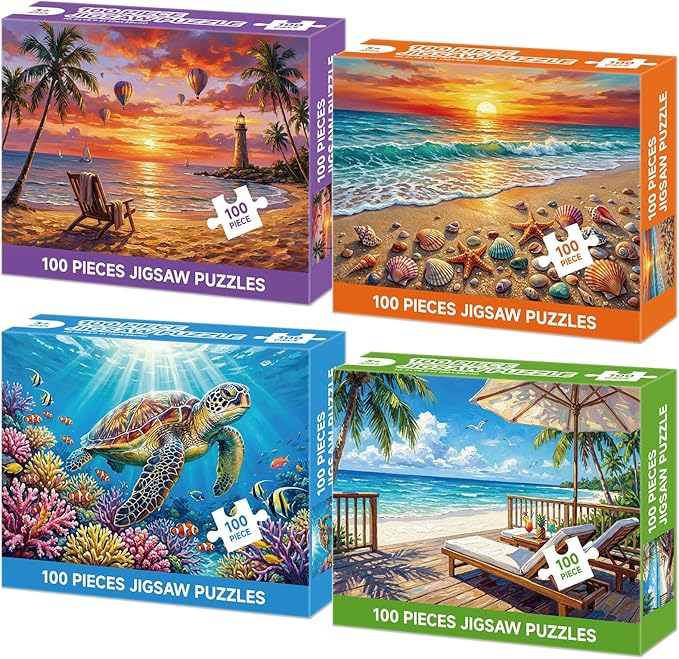 4-Pack 100 Piece Puzzles for Adults Seniors, Nature Landscape Jigsaw Puzzles 100 Pieces, Beach Resort Turtle Sunset Lighthouse Large Piece Jigsaw Puzzles for Seniors Adults Family Game Gifts 15"x11"