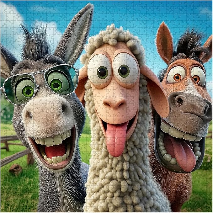 PICKFORU Laughing Ranch Jigsaw Puzzles 1000 Pieces, Funny Farm Animal Puzzles for Adults, Donkey Horse Sheep Puzzle as Home Decor