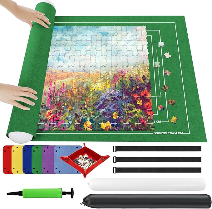 Ainiv Jigsaw Puzzle Mat Roll Up 3000 Pieces, 55" x 39" Portable Felt Puzzles Board with 6 Sorting Trays & Travel Storage Bag, Jigsaw Saver Pad Keeper for Adults Teens, Green