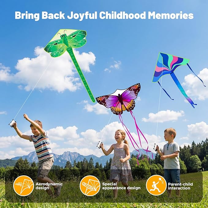 3 Pack Large Kites - Butterfly Delta Dragonfly Kites Easy to Fly for Adults Kids Beach Park Outdoor Game Activities, Gifts for Easter and Festival