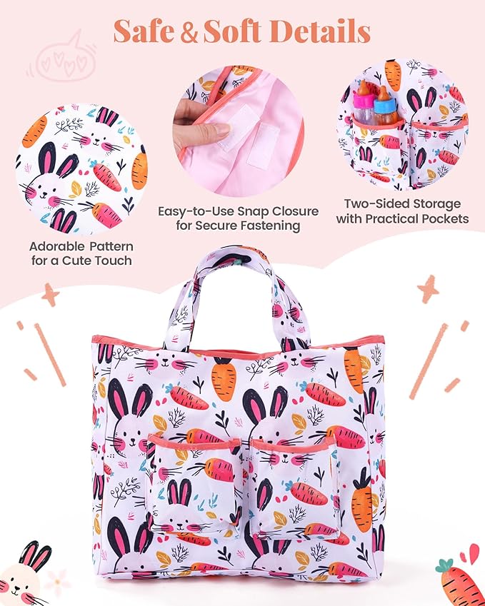 BABESIDE Baby Doll Diaper Bag Set, Portable Storage with Cute Print, Perfect for Pretend Play & Role Play for Girls, Fits 15–20 Inch Dolls with Changing Mat（Doll Not Included）