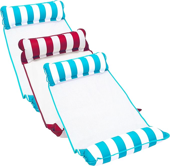 3 Pack, Aqua Original 4-in-1 Monterey Hammock Pool Float and Water Hammock, Multi-Purpose, Inflatable Pool Floats for Adults, Patented Thick, Non-Stick PVC Material, 2 Light Blue and 1 Burgundy