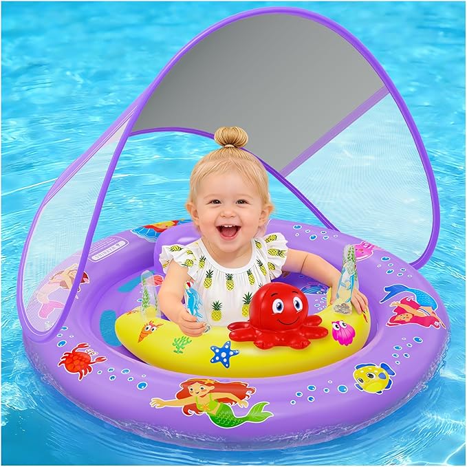 Baby Pool Float with UPF50+ Sun Protection Canopy, Inflatable Mermaid Baby Swim Float with Double Air Chambers, Adjustable Safety Seat & Toy Console Toddler Pool Float for 6-36 Months Boys Girls
